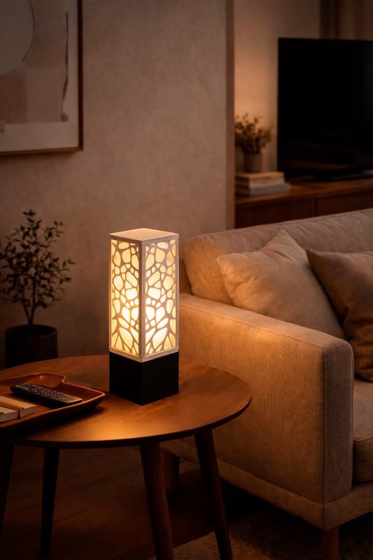 Wooden Night Lamp With Geometric Pattern - Modern Bedside Lamp For Home Office Bedroom