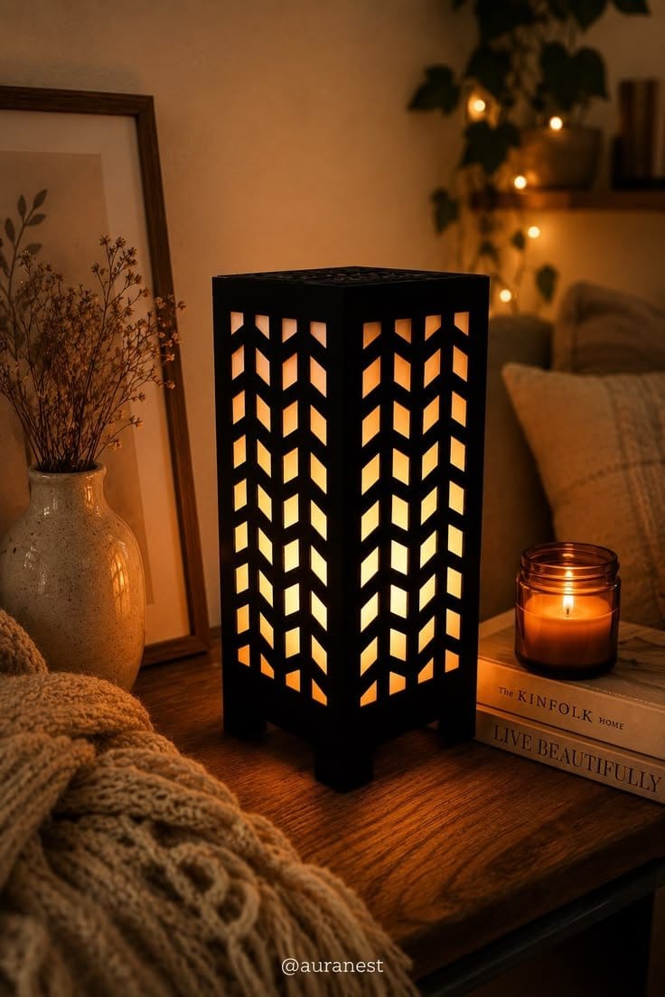Wooden Night Lamp With Geometric Pattern - Modern Bedside Lamp For Home Office Bedroom, photo 3