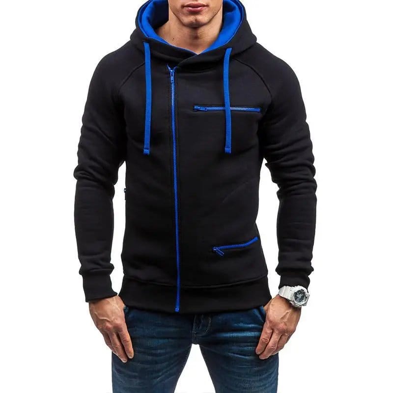 Men Black Hooded Fleece Jacket With Blue Zips - Winter Warm Gym & Casual Zipper Hoodie For Men