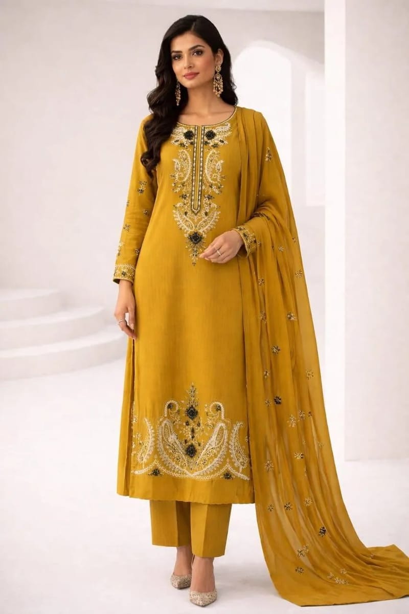 Embroidered Mustard Fabric, photo 2