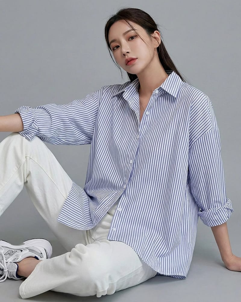 Women's Oversized Blue White Button-up T-shirt