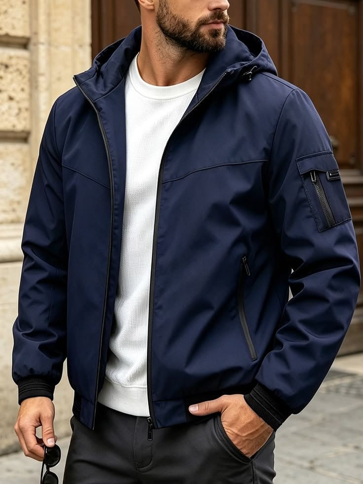 Men's Korean Style Hooded Windbreaker Jacket - Navy Blue 4XL