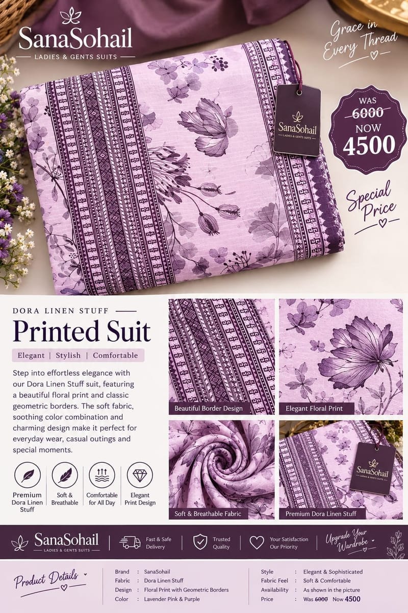 SanaSohail Dora Linen Printed Suit – Elegant Lavender Floral Design