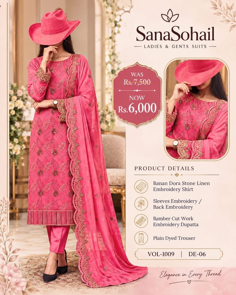 SanaSohail Banar Dora Stone Linen Embroidered Suit – Pink Elegance