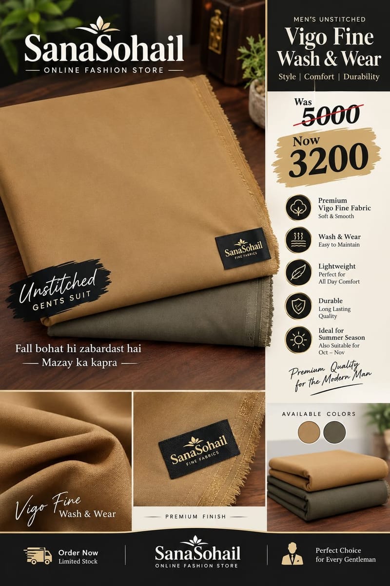 SanaSohail Vigo Fine Wash & Wear – Premium Unstitched Gents Suit