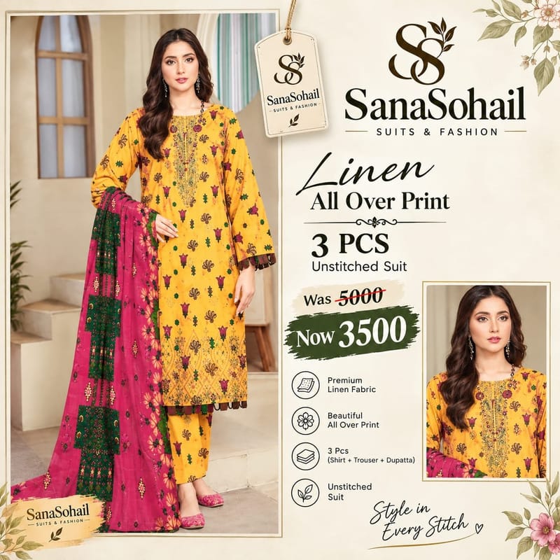 SanaSohail Yellow Floral Linen 3-Piece Unstitched Suit | Special Offer ๐ผ