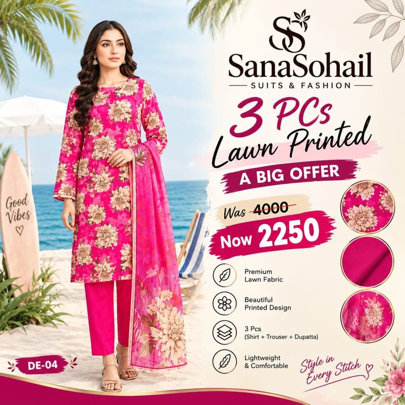 SanaSohail 3-Piece Printed Lawn Suit | Big Offer – Rs. 2,250 🌸