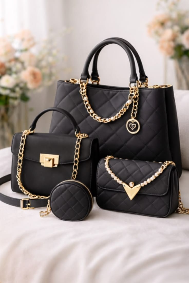 Red Litchi Leather 4-Piece Women's Handbag Set, photo 3