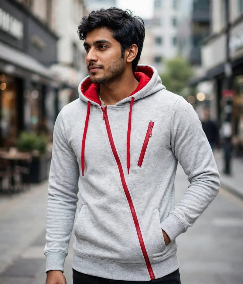 Men's Black Red Zip Hoodie Slim Fit Casual