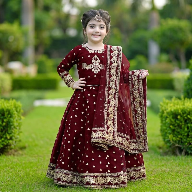 Kids 3pcs Embroidered Maroon Lehenga Set, photo 2