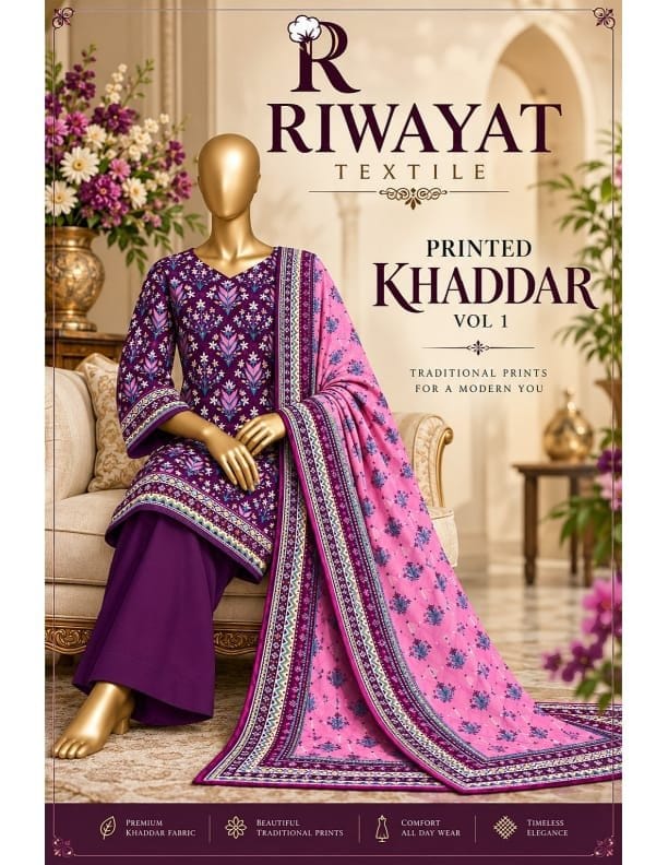 Riwayat printed khadar 3 piece unstitched suit, photo 2