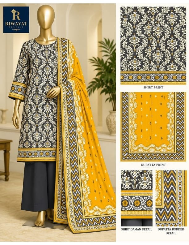 Riwayat printed khadar 3 piece unstitched suit, photo 2