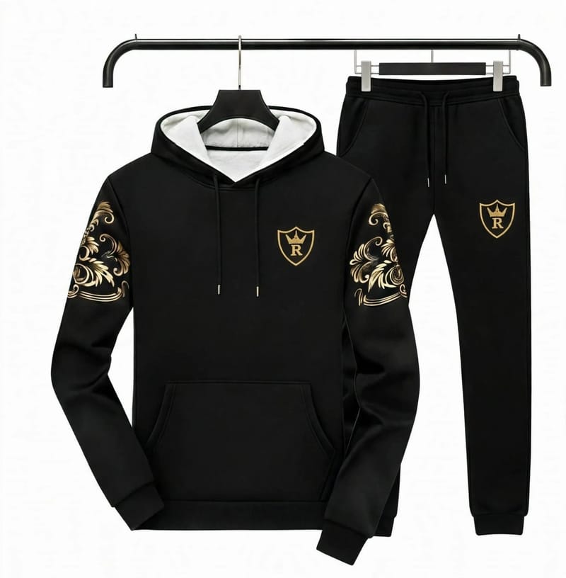 Men Black Royal Crest Hoodie Track Suit Gold Floral Sleeves in Pakistan | ABBASI BRAND STORE, photo 2