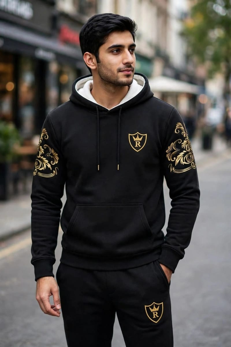 Men Black Royal Crest Hoodie Track Suit Gold Floral Sleeves in Pakistan | ABBASI BRAND STORE