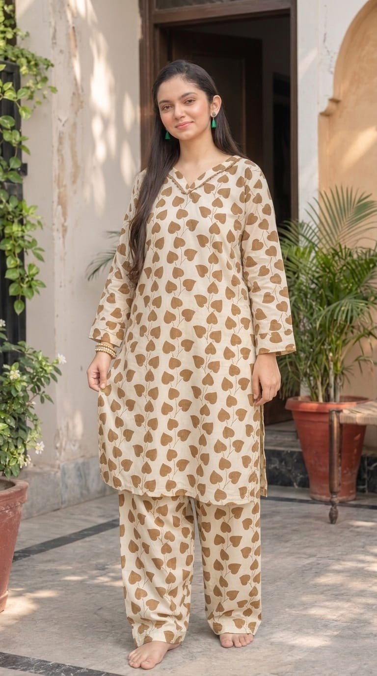 Women's Beige & Brown Leaf Print Premium Co-Ord Set | Sarbhea Store