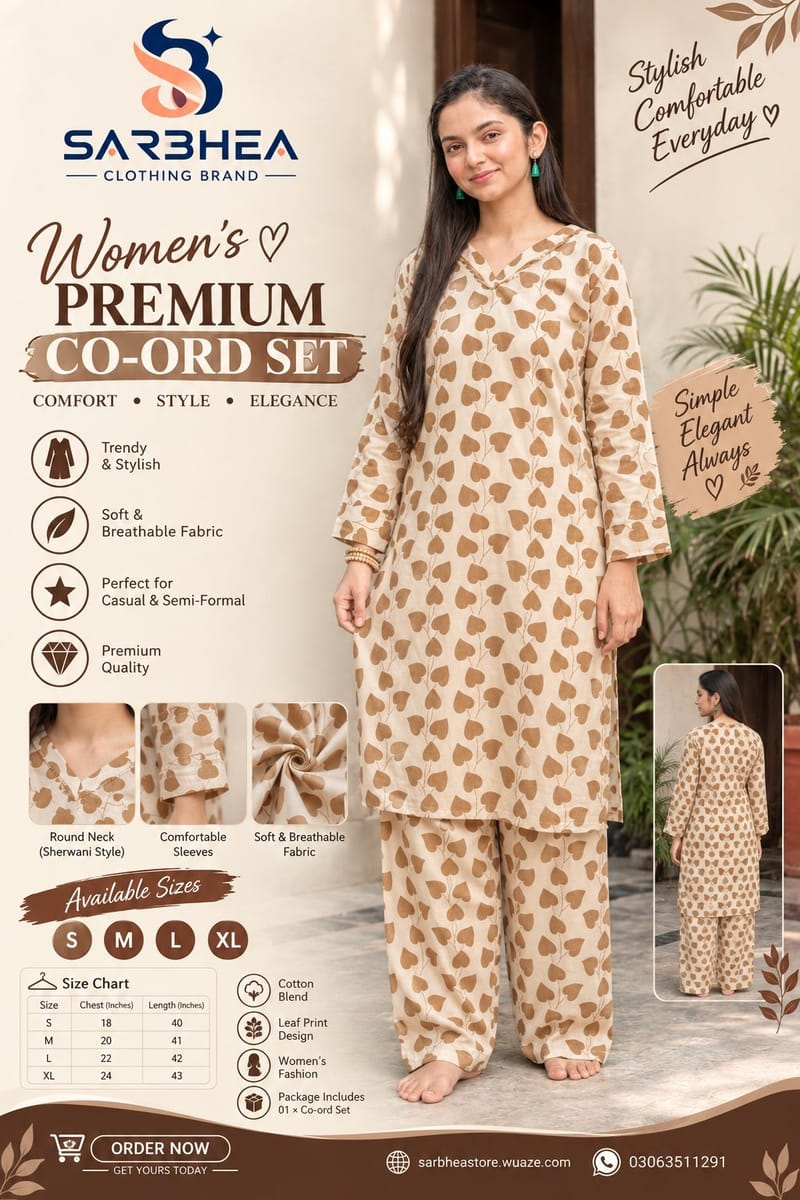 Women's Beige & Brown Leaf Print Premium Co-Ord Set | Sarbhea Store, photo 2