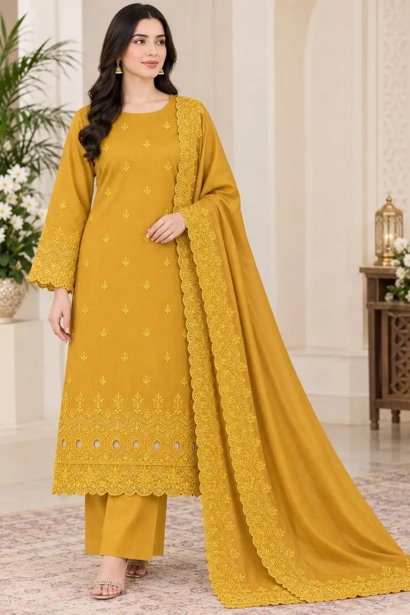 Mustard Embroidered Salwar Kameez - Unstiched