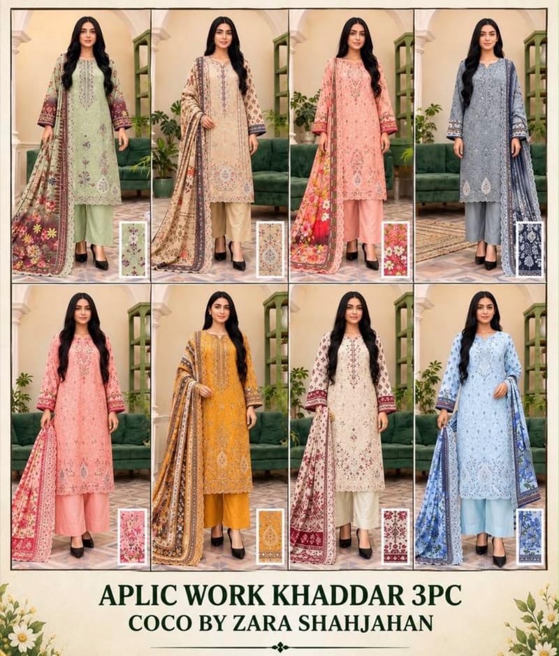 APLIC WORK KHADDAR 3pc COCO BY ZARA SHAHJAHAN EMBROIDERED