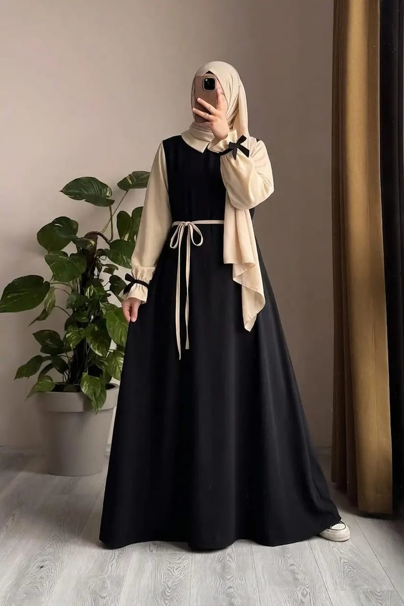 Flared Georgette Abaya With Puff Sleeves & Dori Belt, photo 2