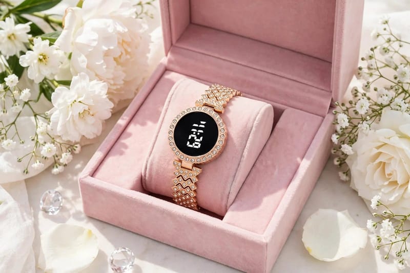 Luxury Digital Watch with Crystal Accents for Women - Peach Golden, photo 4