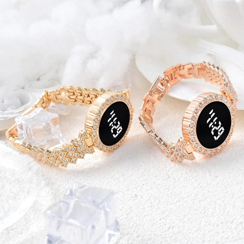 Luxury Digital Watch with Crystal Accents for Women - Peach Golden