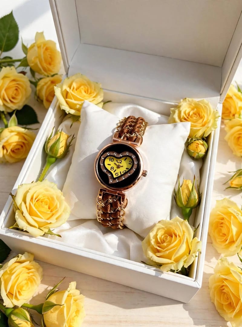 Heart-Shaped Yellow Dial Watch for Girls - Brown Braided Alloy Band - Stylish, photo 2