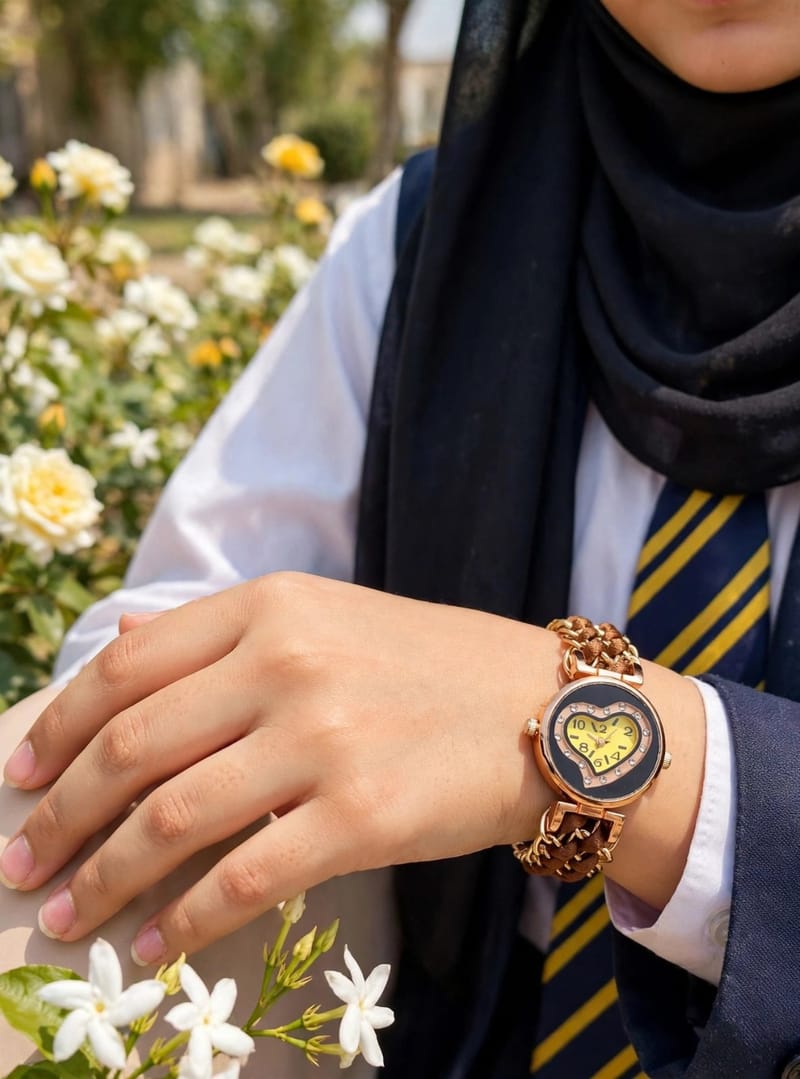 Heart-Shaped Yellow Dial Watch for Girls - Brown Braided Alloy Band - Stylish, photo 3