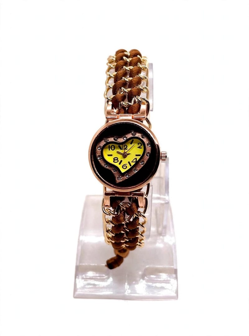 Heart-Shaped Yellow Dial Watch for Girls - Brown Braided Alloy Band - Stylish, photo 4