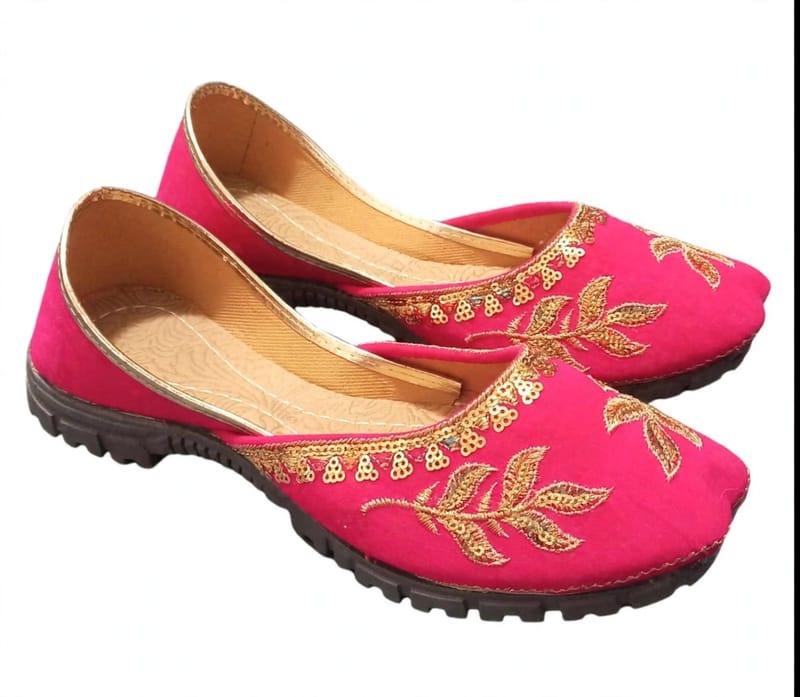 Pink Golden Leaf Embroidered Khussa For Women - Bridal Wedding Eid Wear - Soft Comfortable - Pakistani Khussa Shoes 2025