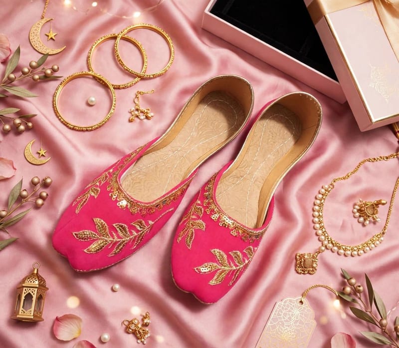 Pink Golden Leaf Embroidered Khussa For Women - Bridal Wedding Eid Wear - Soft Comfortable - Pakistani Khussa Shoes 2025, photo 2