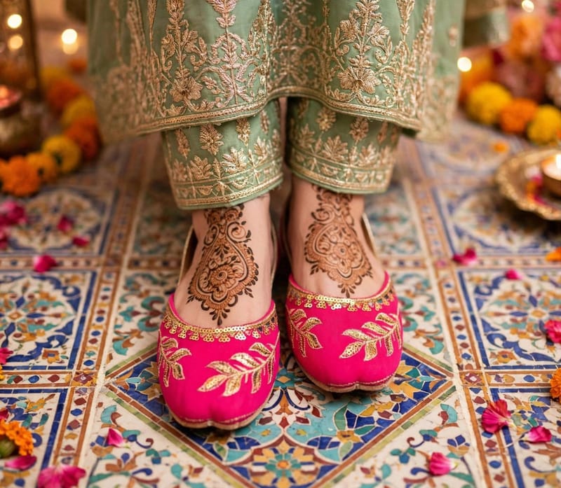 Pink Golden Leaf Embroidered Khussa For Women - Bridal Wedding Eid Wear - Soft Comfortable - Pakistani Khussa Shoes 2025, photo 4