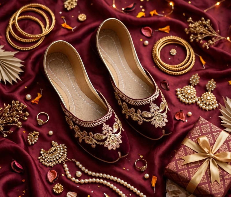 Maroon Velvet Golden Bead Embroidered Khussa For Women - Bridal Wedding Party Wear - Cushioned Comfortable - Pakistani, photo 4