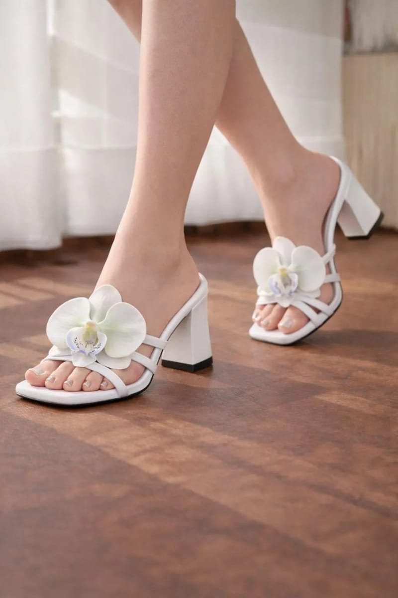 Pink Orchid Flower Block Heel For Women - Fancy Party Wedding Office Wear - Synthetic Leather - Comfortable - Pakistani, photo 3