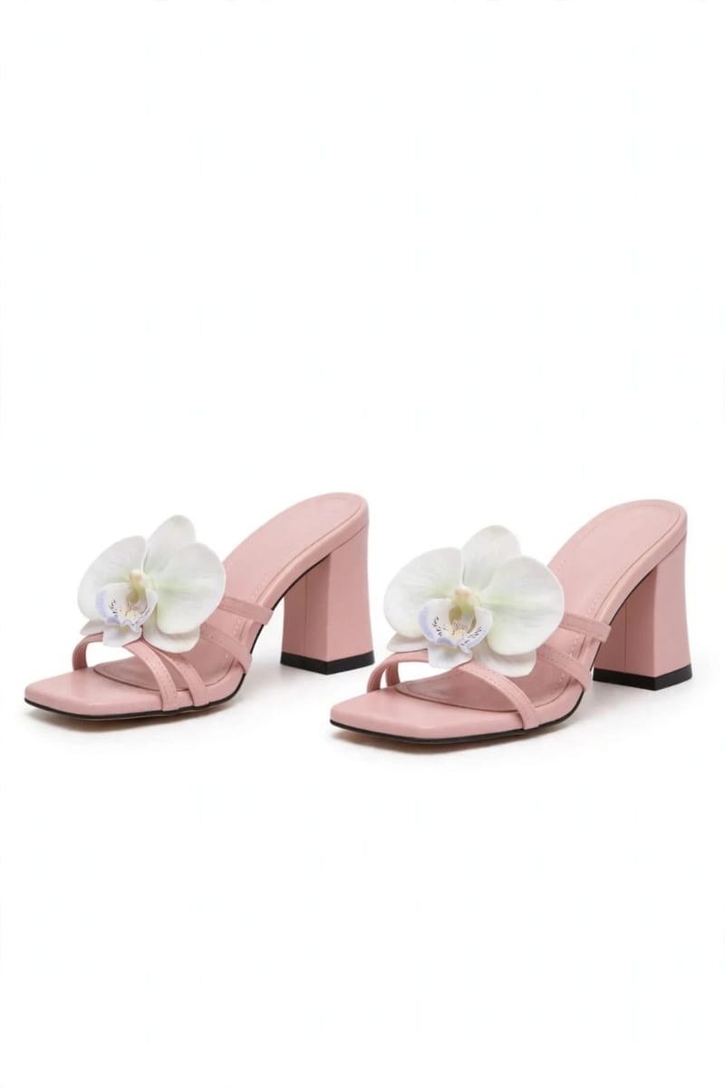 Pink Orchid Flower Block Heel For Women - Fancy Party Wedding Office Wear - Synthetic Leather - Comfortable - Pakistani, photo 5