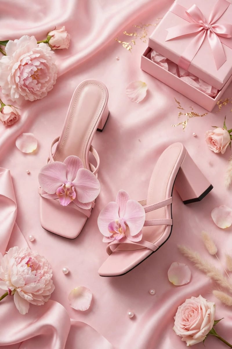 Pink Orchid Flower Block Heel For Women - Fancy Party Wedding Office Wear - Synthetic Leather - Comfortable - Pakistani, photo 6