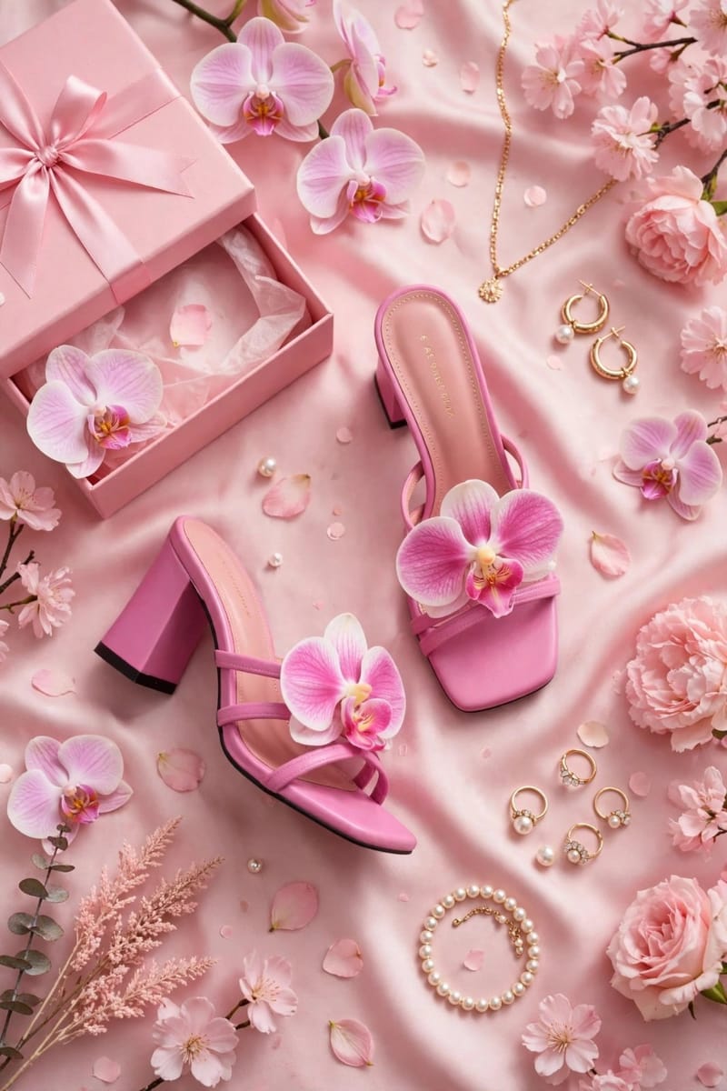 Pink Orchid Flower Block Heel For Women - Fancy Party Wedding Office Wear - Synthetic Leather - Comfortable - Pakistani