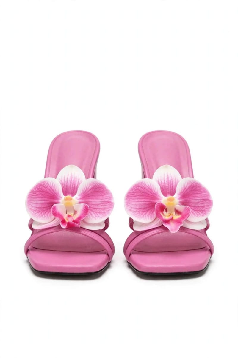 Pink Orchid Flower Block Heel For Women - Fancy Party Wedding Office Wear - Synthetic Leather - Comfortable - Pakistani, photo 2