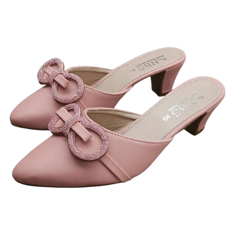 Pink Rhinestone Bow Block Heel For Women - Semi Formal Party Wedding Wear - Synthetic Leather - Comfortable - Pakistani, photo 2