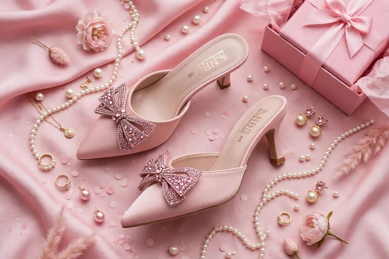 Pink Rhinestone Bow Block Heel For Women - Semi Formal Party Wedding Wear - Synthetic Leather - Comfortable - Pakistani