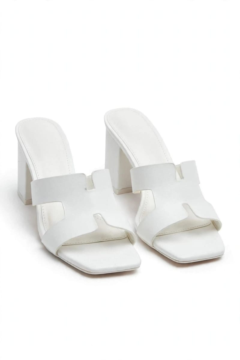 White Rexine Block Heel For Women - Wedding Party Wear - Beads Pattern - Comfortable Fancy Mule - Pakistani Heels 2025, photo 2