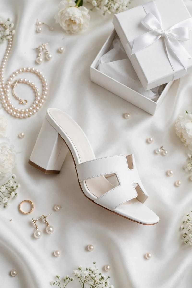 White Rexine Block Heel For Women - Wedding Party Wear - Beads Pattern - Comfortable Fancy Mule - Pakistani Heels 2025