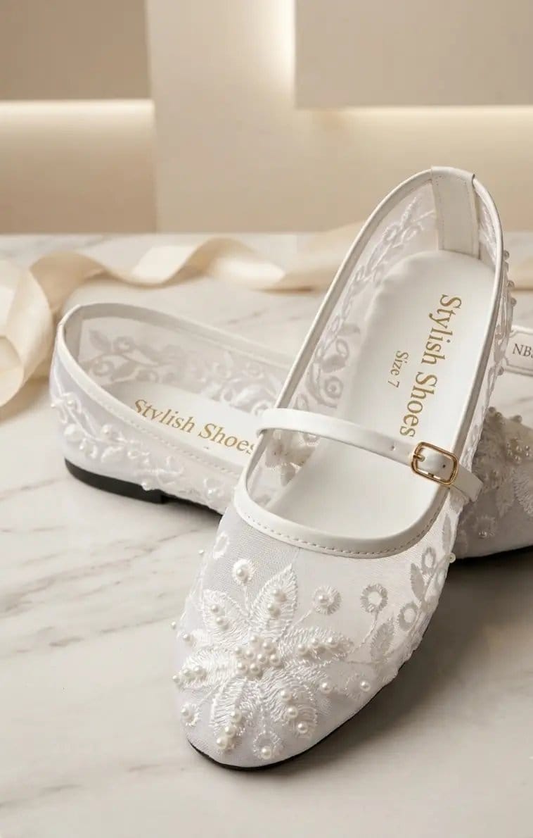White Microfiber Fancy Pumps For Women - Gemstones Pattern - Fancy Formal Casual - College Wear Trendy Beads Pump 2025 -, photo 3