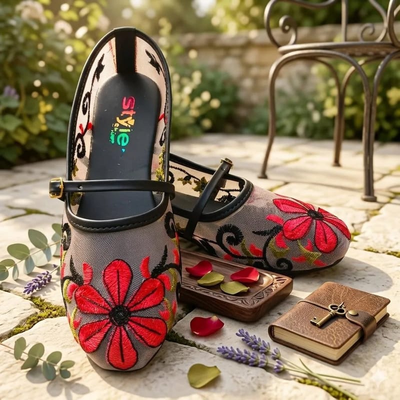 Trendy Embroidered Women's Flat Pumps - Cork Material - Multicolor Embroidered Pattern - Fancy Formal Casual - College, photo 4